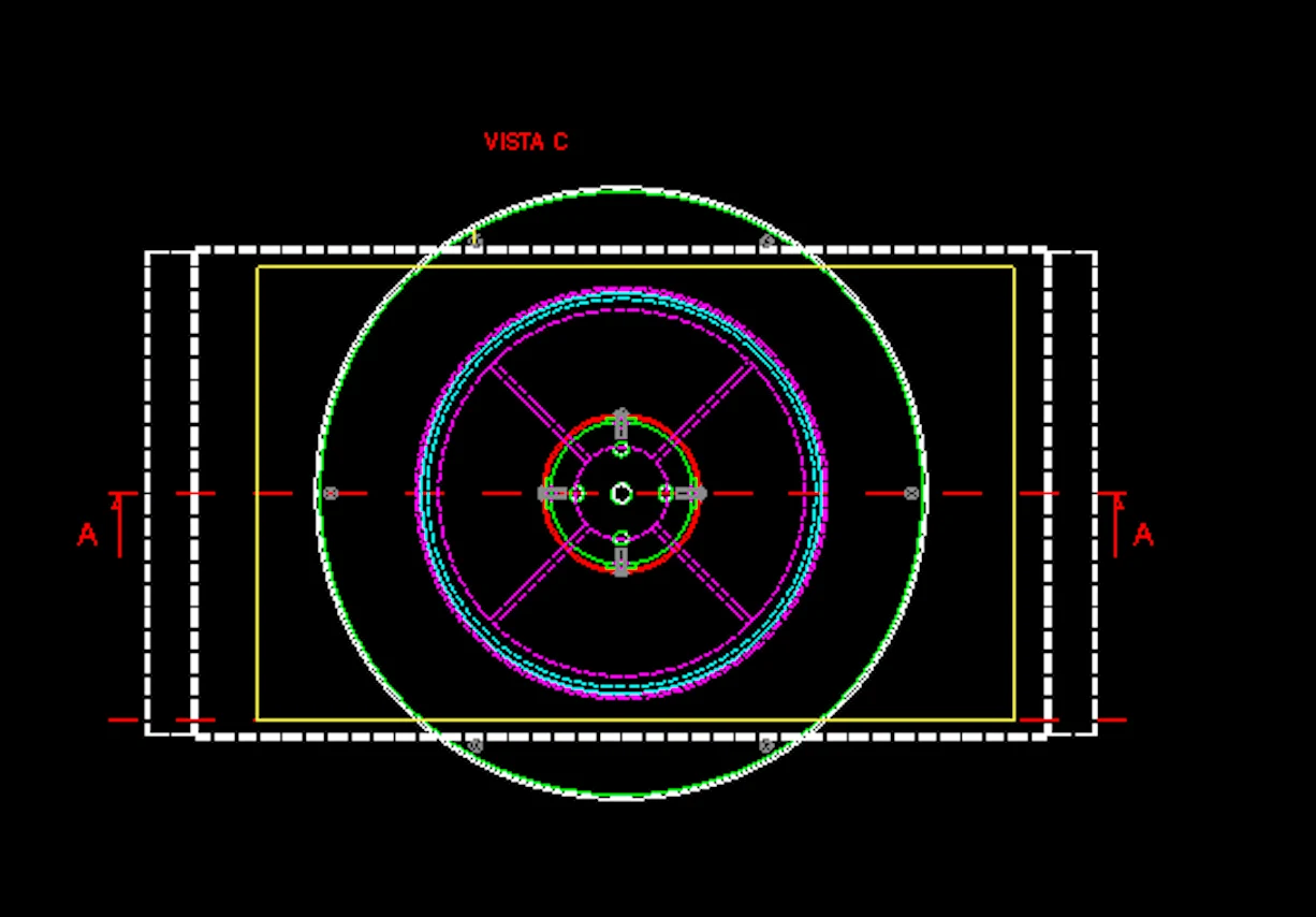 Vista tecnica CAD di un corpo illuminante circolare